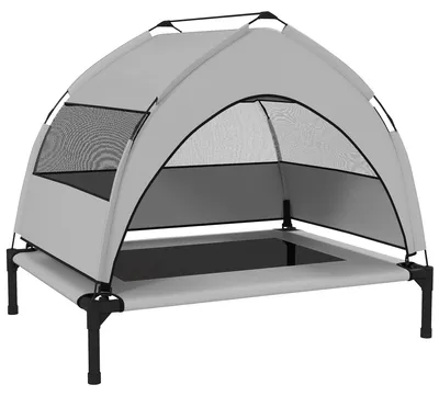 Produktbild von Hundeliege Outdoor mit Dach, Erhöhtes Hundebett für mittelgroße Hunde, mit Stahlrahmen, 76x61x70cm, Hellgrau