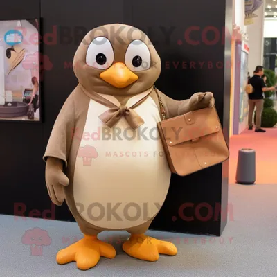 Produktbild von Tan-Pinguin REDBROKOLY Maskottchen kostüm gekleidet in eine Bluse und Clutch-Taschen