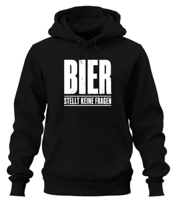 Productafbeelding van "Bier stelt geen vragen. Leuk om te drinken. Feest. Alcohol. Hoodie. Kapuciantrui, zwart, maat S."