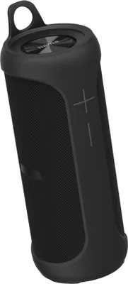 A black Bluetooth speaker is shown against a white background.