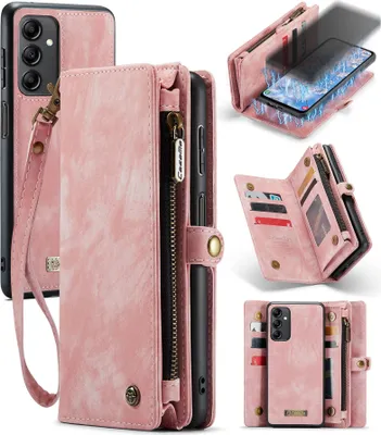 Image de Etui pour Samsung Galaxy A14 5G/4G, étui en cuir vintage multifonctionnel avec fentes pour cartes et fermeture éclair rose