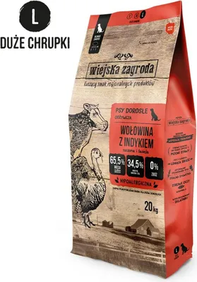 Produktbild von Wiejska Zagroda Trockenfutter für Hunde RIND mit PUTE Große Rassen L 20 kg