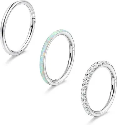 Zdjęcie produktu dla Zestaw 3 sztuk kolczyków do nosa i pierścingów Unyqoos® G23 Titan – segmentowe kolczyki z zapięciem typu "clicker", rozmiary 18G/16G, średnica 8/10 mm, z cyrkoniami i opalem, polerowane, hipoalergiczne
