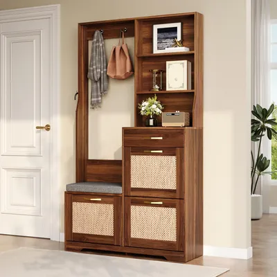 Produktbild von MODFU Flurgarderobe mit Sitzbank, Schuhschrank mit 3 Klappen und Rattan-Front, Garderobenschrank für Eingangsbereich mit Stauraum,Garderobensets,Walnuss