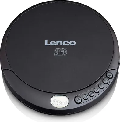 A black Lenco portable CD player is shown from a top-down perspective on a white background.