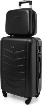 A black suitcase and a matching black cosmetic case stacked on top of each other.