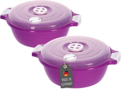 Produktbild von Lantelme Mikrowellengeschirr, Vorratsdose, 2 Stück, Lila, 1.8 Liter, 22 cm Durchmesser, aus lebensmittelechtem Kunststoff, mit Dampfventil, festem transparentem Deckel und Griffen, mikrowellen-, gefrier-, hitze- (bis 120°C) & kältebeständig (bis -20°C), für Kühlschrank und Gefriertruhe