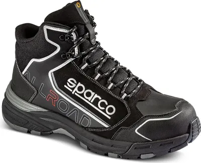 A studio shot of a black high-top work boot.