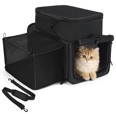 Image de Cage de transport pour chat, pliable et extensible, de couleur noire, dimensions : 42 x 28 x 23 cm