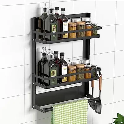 Produktbild von PolkaHome® Wand-Kräuterregal mit Küchenrollenhalter und 4 Haken, Edelstahl, Schwarz – 30x11x40 cm, doppellagig, bis 10 kg belastbar