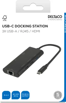 Obrázek produktu pro Deltaco USBC-HDMI31, USB typu C, 85 W, Černá, 4K Ultra HD, 30 Hz, HDMI, RJ-45, USB 2.0 Type-A, USB 3.2 Gen 1 (3.1 Gen 1) Type-A