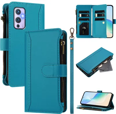 Image de Etui pour OnePlus 9, zippé, portefeuille Etui à rabat en cuirPolyuréthaneavec poches pour cartes, support et dragonne Lake blue