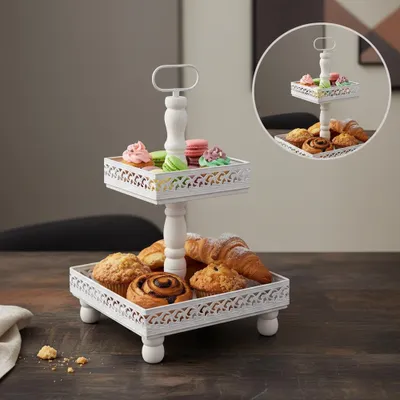 Obrázok produktu pre Melko Etagere servírovací podnos 2 poschodia miska na ovocie múčnik stojan na tortu - biely kov
