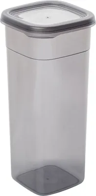 A single, empty, transparent gray plastic food storage container with a gray lid, shown from the front.