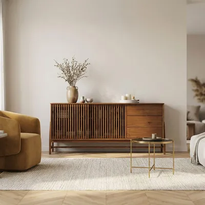 Produktbild von Sideboard ADAMO 175 cm aus Massivholz, Kastanie Finish - Kommode mit 2 Lamellen-Schiebetüren und 3 Schubkästen, Wohnzimmer Möbel mit großem Stauraum, Anrichte mit verstellbarem Einlegeboden