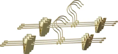 Produktbild von Natural Goods Berlin GARD Hosenbügel, 360 Grad drehbar, Design Kleiderbügel, Wirbelhaken Rockbügel für Kleiderstangen und Garderobenständer, Gold, 9 Stück