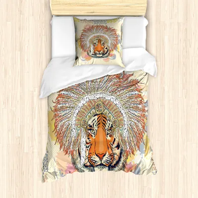 Produktbild von ABAKUHAUS Stammes Mantele, Safari Wild Tiger, Milbensicher Allergiker geeignet mit Kissenbezügen, 135 cm x 200 cm - 80 x 80 cm, Orange Pfirsich