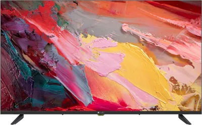 A flat-screen television displaying a colorful abstract image.