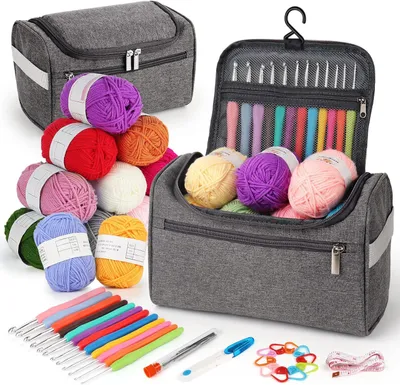 Productafbeelding van Haakset voor beginners met 12 haaknaalden 2,0–8,0 mm, 12 garenbollen, naaigerei en grijze opbergtas