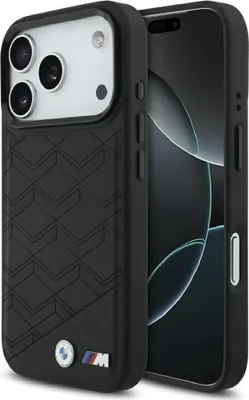 A black iPhone case with the BMW M logo is shown next to an iPhone.
