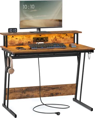 Produktbild von VASAGLE Schreibtisch Gaming Tisch  mit eingebauter Steckdosenleiste Computertisch 100cm vintage