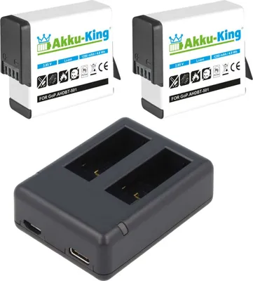 Produktbild von 2x Akku + Dual Ladestation kompatibel mit GoPro Hero 7 Black, GoPro Hero 6 Black, Hero6, Hero 5 Black, Hero5