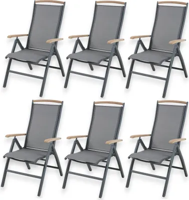 Produktbild von ALEOS. 6x Hochlehner TRINIDAD Aluminium Gartensessel Hochlehner mit Armlehnen echt Teakholz 7-Positions Sessel 7-fach verstellbar Outdoor Textilgewebe klappbar