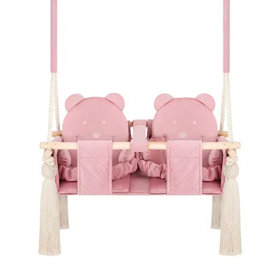Image de Balançoire jumelle Guguplanet Rose : Intérieur, structure en bois, siège en tricot de velours, harnais de sécurité, corde en coton, crochet de plafond inclus