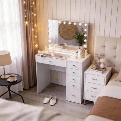 Zdjęcie produktu dla VANITII Toaletka z lustrem 18 żarówek LED, regulowana jasność, z 6 szufladami