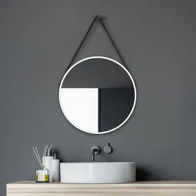 Produktbild von Wandspiegel 50 cm, rund, matt weiß, Aluminiumrahmen, Lederband