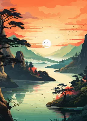Produktbild von Poster 13x18cm Sonnenuntergang über einem ruhigen See
