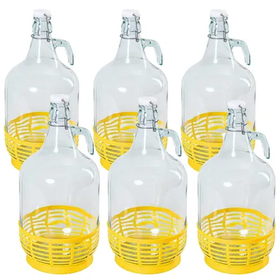 Produktbild von MIKONI 6 STÜCK x Bügelflaschen 5L Gelb Korb, Gärballon Glasballon Weinballon Fass 5000ml Weithalsballon Flasche mit Bügelverschluss