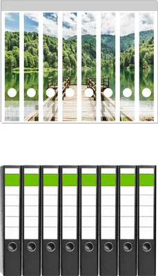 Produktbild von Wallario 8 Stück schmale Ordner inkl. Klebeetiketten mit Motive Steg am See in den Bergen -  Set mit Rückenschildern / Ordnerrücken Stickern
