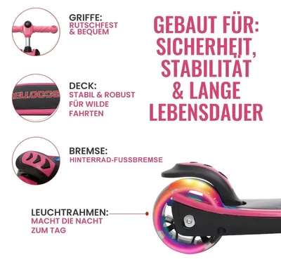 Produktbild von Habib 3-Rad Roller mit LED-Licht | Kinderroller 3-10 Jahre, bis 95 cm: Pink