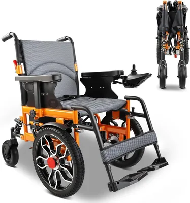 Produktbild von Elektrischer Rollstuhl Faltbar, 500W, 20 km Reichweite, 150 kg, 40 cm All-Terrain-Reifen, 360° Joystick, Elektro Rollstuhl für Innen & Außen, Orange