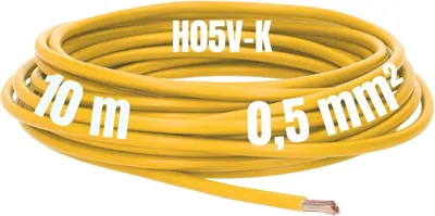 Imagen del producto de Cable Kalitec de 10 metros, sección 0,5 mm², color amarillo, tipo H05V-K. Cable de conexión flexible, cable con un solo conductor, aislamiento de PVC, cable trenzado de 0,5 mm², cable de conexión de un solo conductor, cable sólido, cable para instalaciones eléctricas
