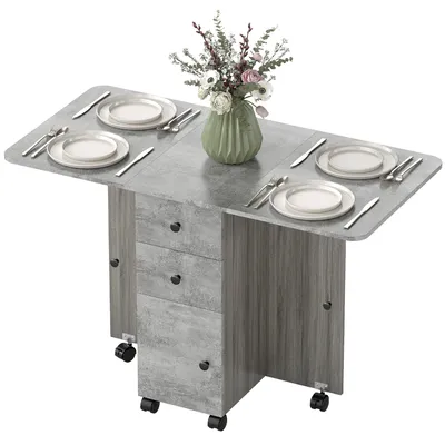 Produktbild von Klappbarer Esstisch mit Rollen, Ausziehplatte, 2 Schubladen und Schrank, Platz fš¹r bis zu 6 Personen, 120 x 60 x 76,5 cm, Grau
