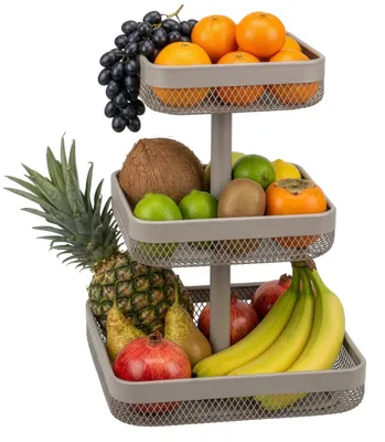 Image de Étagère à fruits eluno, corbeille à pain carrée à 3 étages, corbeille à fruits, 20 x 20 cm, 25 x 25 cm et 30 x 30 cm, en métal couleur taupe