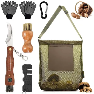 Produktbild von Pilzmesser Set mit Bürste, Handschuhen und Tasche, Edelstahl, Silber