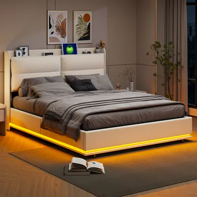 Image de CDGlobal Lit rembourré 160x200cm avec fonction de chargement (USB&Type-c), Lit double pour adolescents Lit de rangement avec LED, Lit boxspring hydraulique, Beige