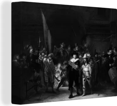 Obrázok produktu pre MuchoWow® - Plátno - Nočná hliadka - maľba, Rembrandt van Rijn - čiernobiely, obraz na stenu, nástenné dekorácie, obrazy do obývačky, 40x30cm