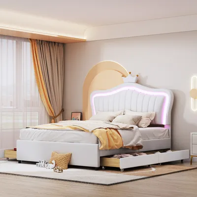 A bedroom with a white bed featuring LED lighting and storage drawers.