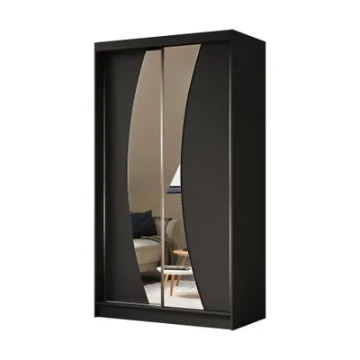 Produktbild von Schwebetürenschrank VOX 120 cm – Kleiderschrank mit 2 Schubkasteneinsätze, Spiegel & Schiebetüren (Schwarz)