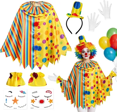 Imagen del producto de Disfraces de payaso para mujer, poncho de arcoíris, talla única, incluye máscara y pegatinas para la cara, ideal para carnaval