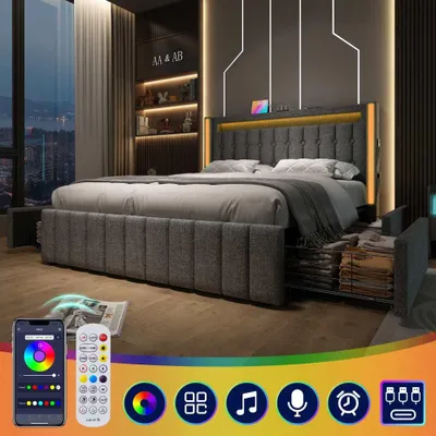 Produktbild von Graues Jugendbett mit Stauraum: LED-Licht, USB-C Ladefunktion und 2 Schubladen, inklusive Holzlattenrost, ohne Matratze, 140x200 cm