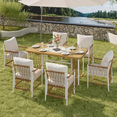 Produktbild von 7-teiliges Gartenmöbel-Set für 6 Personen – Sitzgruppe mit 160cm Esstisch in Holzoptik & Rattanstühlen, robustes Eisengestell, wetterfeste Terrassenmöbel Beige