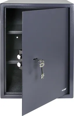 An open safe with a key in the lock.