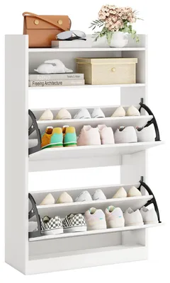 Zdjęcie produktu dla KOMFOTTEU - Szafka na buty z 2 wysuwanymi szufladami, szafka na buty z otwartą półką, regulowane i wyjmowane półki, wąska szafka do przechowywania butów, idealna do przedpokoju, korytarza i salonu, wymiary: 60 x 24 x 102 cm (biały)