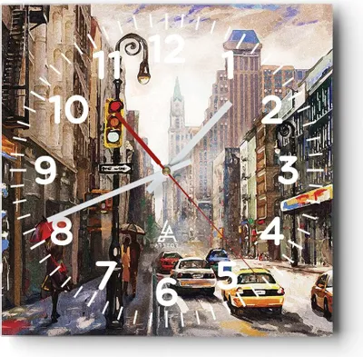 Produktbild von Wanduhr - Quadrat - Glasuhr - New York Aquarell - 30x30cm - Schleichendes Uhrwerk - Lautlos - zum Aufhängen bereit - Dekoration Modern - Wanddekoration aus Glas - C4AC30x30-4590