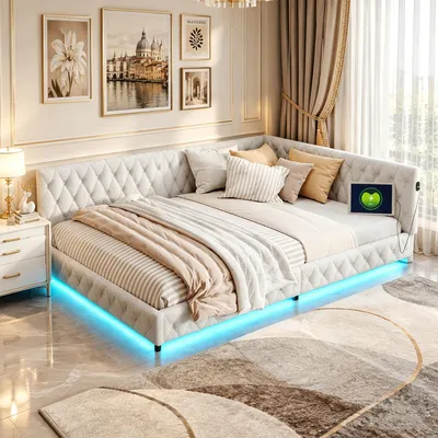 Image de INONEFT, lit rembourré 140x200 cm, convertible en canapé-lit, lit double avec LED et port USB, lit d'angle, lit pour adolescents avec sommier à lattes, revêtement en polaire douce, couleur beige